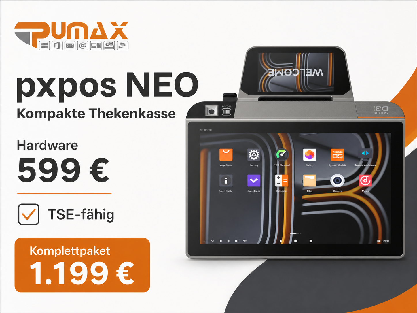 pxpos NEO – 10,1 Zoll Android-Thekenkasse mit Kundendisplay